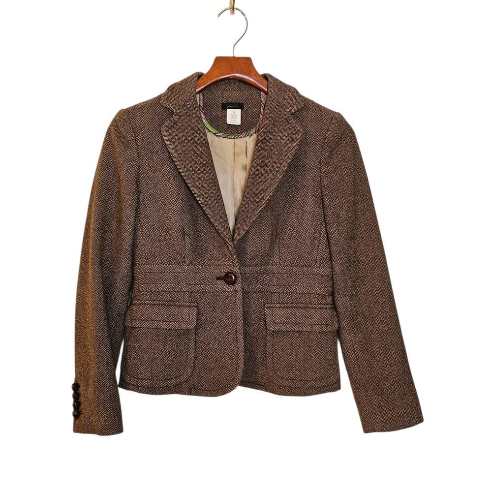 J. Crew Wool Herringbone Preppy Brown Dark Academia Blazer Size Petite 4